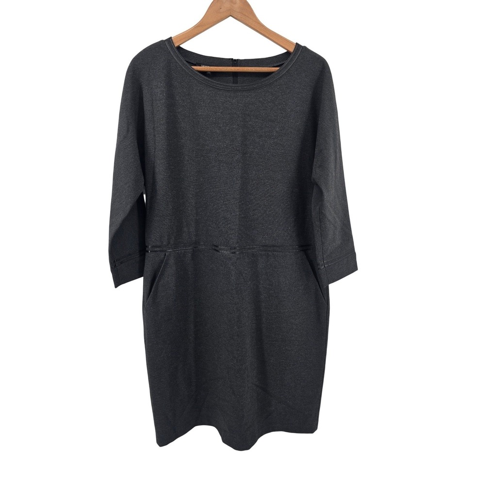 Lafayette 148 New York Dress Women 12 Gray Leather Trim 3/4 Sleeve Shift Pockets